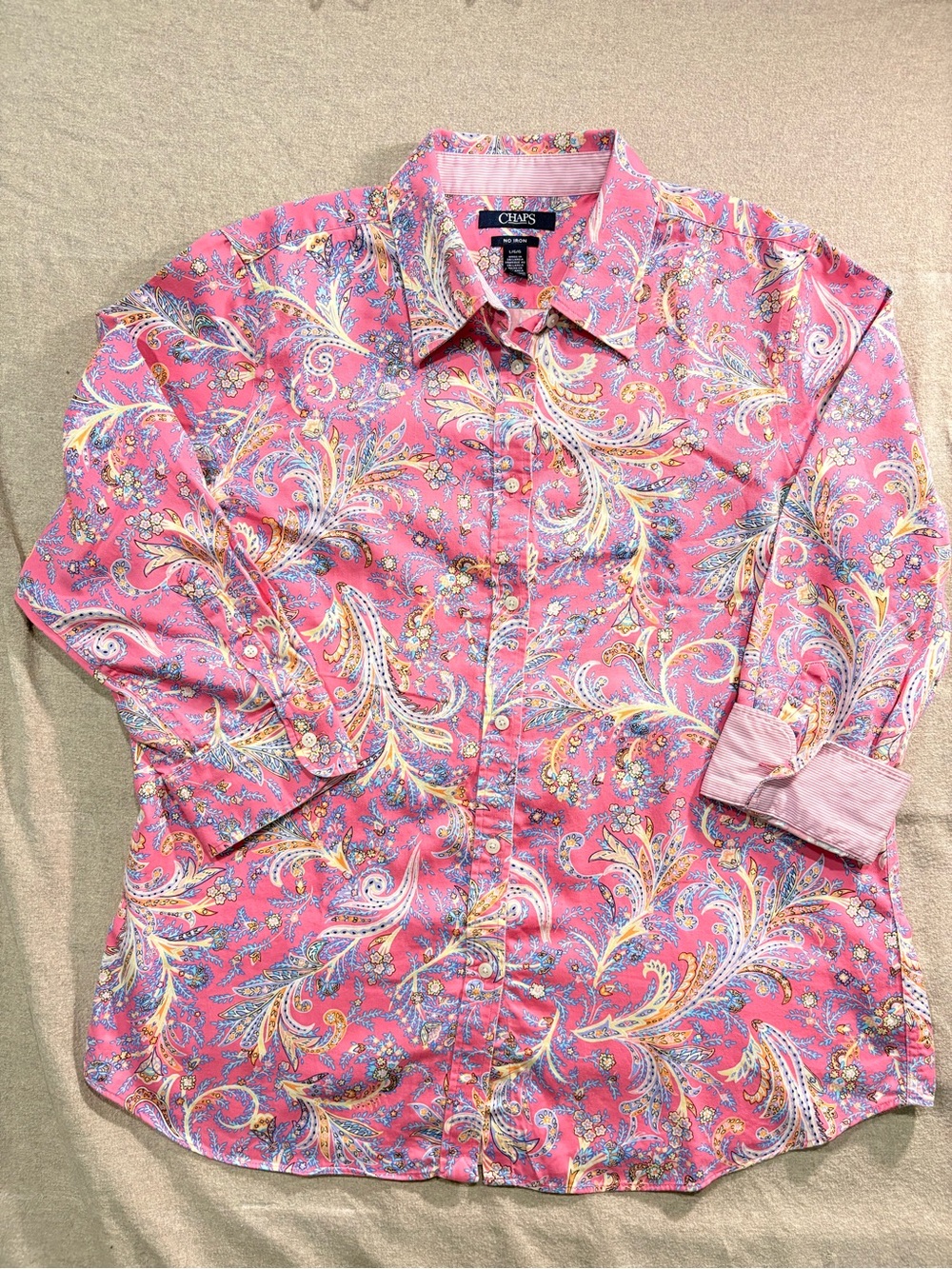 Chaps Pink Paisley Button-Front Shirt with Yellow & Blue Accents. Ladies large